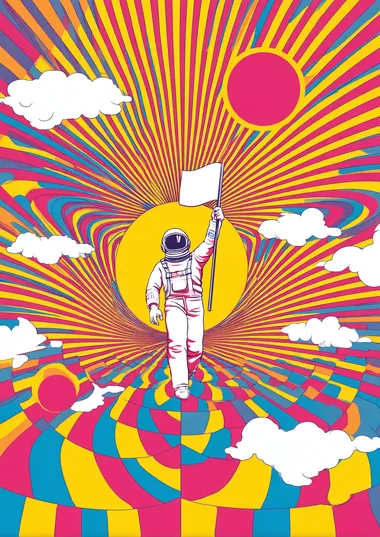an illustration , in the center a astronaut holding up a flag, in blue on the top half and white at the bottom half, floating through time and space. with clouds and flash. colourful psychedelic colors and optical illusions. charles burns style   rofile lqw7kix
