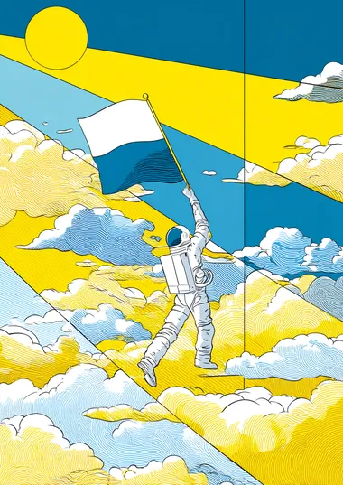 an illustration , in the center a astronaut holding up a flag, in blue on the top half and white at the bottom half, floating through time and space. with clouds and flash. colourful psychedelic colors and optical illusions. charles burns style   rofile lqw7kix