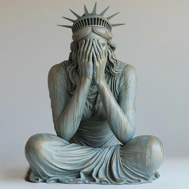 Weeping statue of liberty covering the face with women's smooth hands drawn in a realistic style with studio lighting, but clean and without structure, looking like a good quality 3d figure on a white background  --s 750