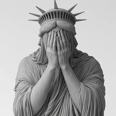 Weeping statue of liberty covering the face with women's smooth hands drawn in a realistic style with studio lighting, but clean and without structure, looking like a good quality 3d figure on a white background  --s 750