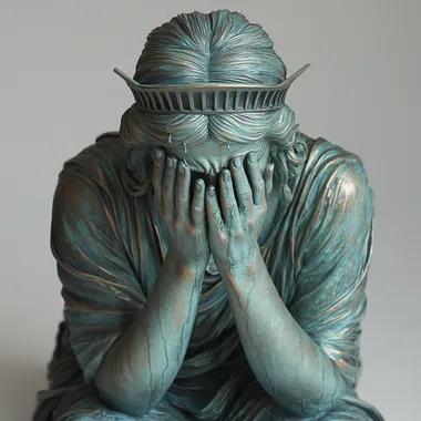 Weeping statue of liberty covering the face with women's smooth hands drawn in a realistic style with studio lighting, but clean and without structure, looking like a good quality 3d figure on a white background  --s 750