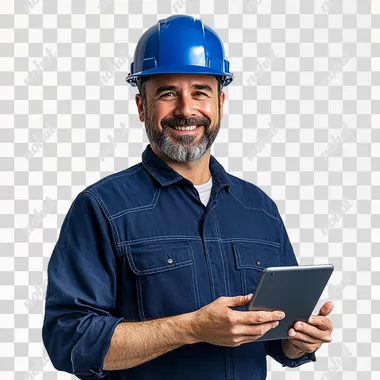 photo of a building inspector with a navy blue shirt and blue helmet, a smile on his face, a confident posture with an ipad with a white background studio photo