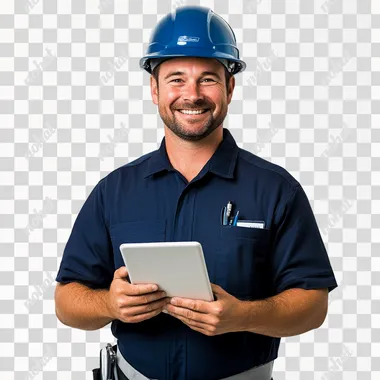 photo of a building inspector with a navy blue shirt and blue helmet, a smile on his face, a confident posture with an ipad with a white background studio photo
