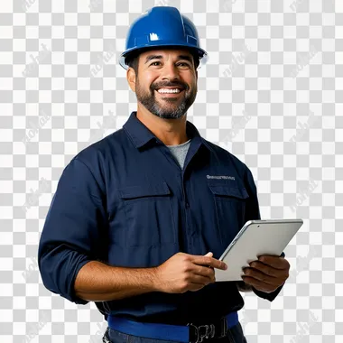 photo of a building inspector with a navy blue shirt and blue helmet, a smile on his face, a confident posture with an ipad with a white background studio photo
