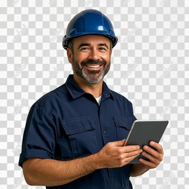 photo of a building inspector with a navy blue shirt and blue helmet, a smile on his face, a confident posture with an ipad with a white background studio photo
