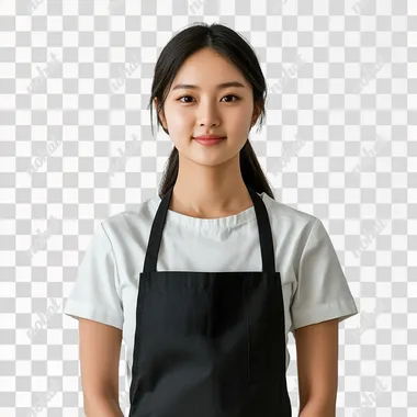 Asian woman in her 20s, apron, front view, white background, photo