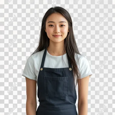Asian woman in her 20s, apron, front view, white background, photo