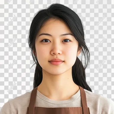Asian woman in her 20s, apron, front view, white background, photo