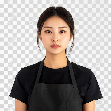 Asian woman in her 20s, apron, front view, white background, photo