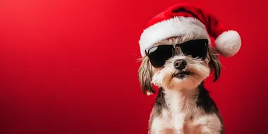 A cute, funny dog wearing sunglasses and a Santa hat against a red background, with a banner-like layout and ample copy space for Christmas or New Year's advertising concepts and banner designs. Captured with a wide-angle lens at f/20, this realistic photography was taken with a Canon R6 Mark II, in the style of Unsplash.