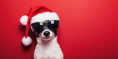 A cute, funny dog wearing sunglasses and a Santa hat against a red background, with a banner-like layout and ample copy space for Christmas or New Year's advertising concepts and banner designs. Captured with a wide-angle lens at f/20, this realistic photography was taken with a Canon R6 Mark II, in the style of Unsplash.