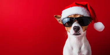 A cute, funny dog wearing sunglasses and a Santa hat against a red background, with a banner-like layout and ample copy space for Christmas or New Year's advertising concepts and banner designs. Captured with a wide-angle lens at f/20, this realistic photography was taken with a Canon R6 Mark II, in the style of Unsplash.