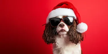 A cute, funny dog wearing sunglasses and a Santa hat against a red background, with a banner-like layout and ample copy space for Christmas or New Year's advertising concepts and banner designs. Captured with a wide-angle lens at f/20, this realistic photography was taken with a Canon R6 Mark II, in the style of Unsplash.