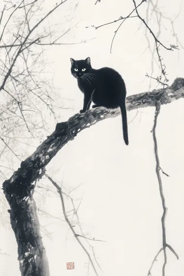 Chinese ink painting, a black cat perched on a tree branch, full-body view, high definition, high resolution, white background, in the style of Akira Toriyama and Wu Guanzhong, showcasing artistry and masterful brushwork with meticulous details, resulting in a high-quality, highly detailed image.