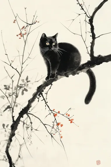 Chinese ink painting, a black cat perched on a tree branch, full-body view, high definition, high resolution, white background, in the style of Akira Toriyama and Wu Guanzhong, showcasing artistry and masterful brushwork with meticulous details, resulting in a high-quality, highly detailed image.