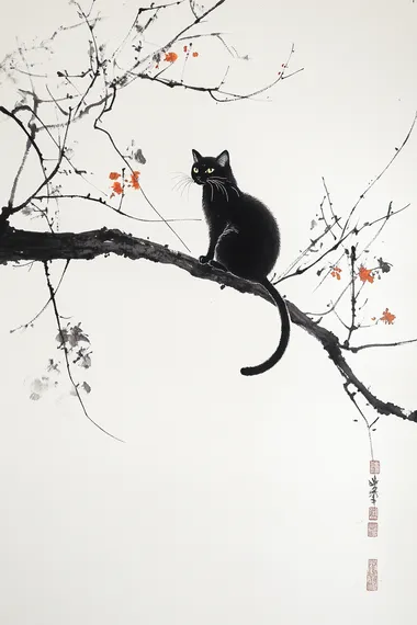 Chinese ink painting, a black cat perched on a tree branch, full-body view, high definition, high resolution, white background, in the style of Akira Toriyama and Wu Guanzhong, showcasing artistry and masterful brushwork with meticulous details, resulting in a high-quality, highly detailed image.