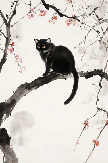 Chinese ink painting, a black cat perched on a tree branch, full-body view, high definition, high resolution, white background, in the style of Akira Toriyama and Wu Guanzhong, showcasing artistry and masterful brushwork with meticulous details, resulting in a high-quality, highly detailed image.