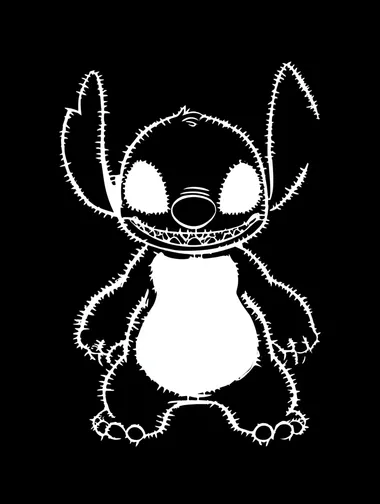 imagine stitch from "lilo and stitch" vinyl sticker design, black and white, high contrast, silhouette, minimal detail, isolated object, vector style, no background ,no color   --raw