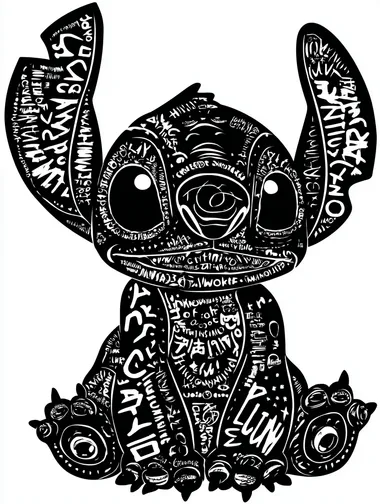 imagine stitch from "lilo and stitch" vinyl sticker design, black and white, high contrast, silhouette, minimal detail, isolated object, vector style, no background ,no color   --raw