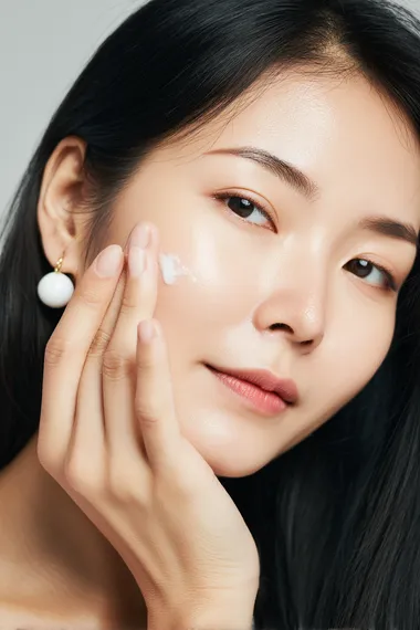 A photograph of an Asian woman with black hair, wearing white earrings and applying cream to her face, featuring delicate skin texture and close-up shots of the hand for magazine advertising, with a gray background. The skin is clean without any makeup on it, highlighting the natural beauty of the woman's face. Her expression was calm and peaceful as she gently applied the skincare product onto her cheek.  --s 50