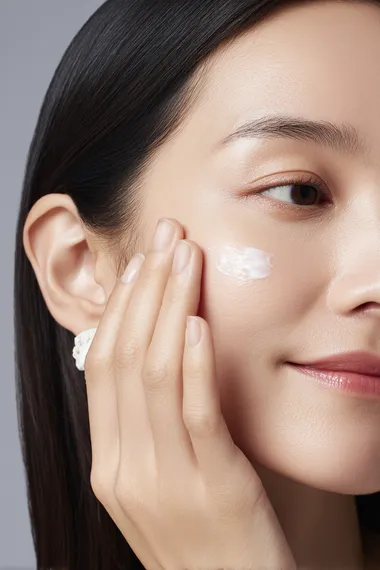 A photograph of an Asian woman with black hair, wearing white earrings and applying cream to her face, featuring delicate skin texture and close-up shots of the hand for magazine advertising, with a gray background. The skin is clean without any makeup on it, highlighting the natural beauty of the woman's face. Her expression was calm and peaceful as she gently applied the skincare product onto her cheek.  --s 50