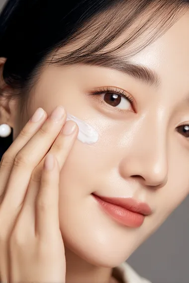 A photograph of an Asian woman with black hair, wearing white earrings and applying cream to her face, featuring delicate skin texture and close-up shots of the hand for magazine advertising, with a gray background. The skin is clean without any makeup on it, highlighting the natural beauty of the woman's face. Her expression was calm and peaceful as she gently applied the skincare product onto her cheek.  --s 50