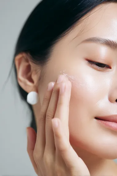 A photograph of an Asian woman with black hair, wearing white earrings and applying cream to her face, featuring delicate skin texture and close-up shots of the hand for magazine advertising, with a gray background. The skin is clean without any makeup on it, highlighting the natural beauty of the woman's face. Her expression was calm and peaceful as she gently applied the skincare product onto her cheek.  --s 50
