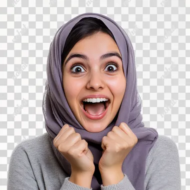 super excited arabic woman, white background