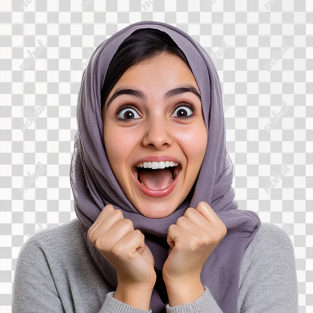 a woman wearing a headscarf with a surprised look on her face