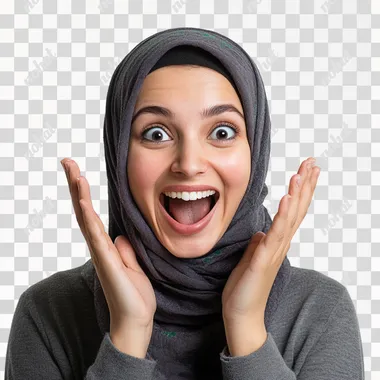 super excited arabic woman, white background