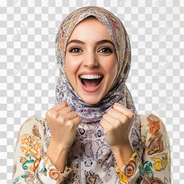 super excited arabic woman, white background