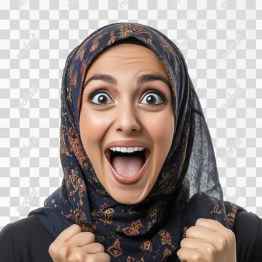 super excited arabic woman, white background