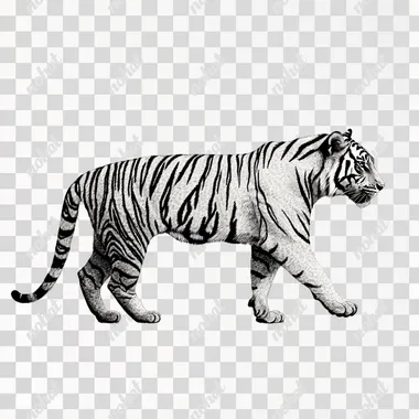 side profile of walking bengal tiger in black and white stippling on white with minimal stippling lacking details and a delicate outline