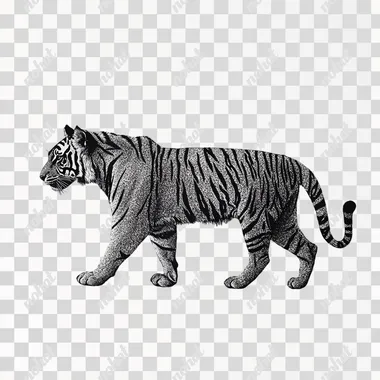 side profile of walking bengal tiger in black and white stippling on white with minimal stippling lacking details and a delicate outline