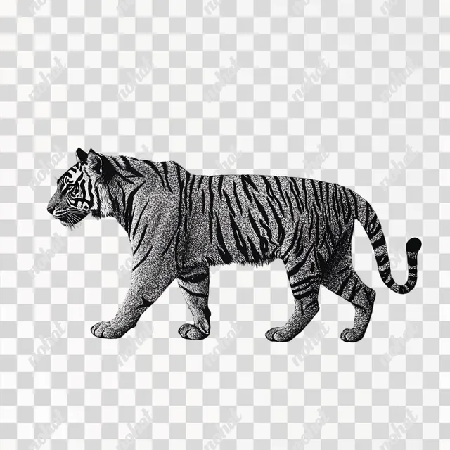 a black and white tiger walking on a PNG transparent background