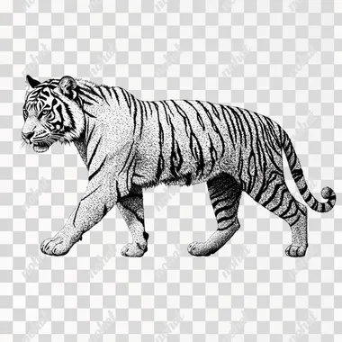 side profile of walking bengal tiger in black and white stippling on white with minimal stippling lacking details and a delicate outline