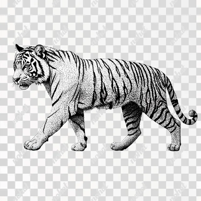 a black and white tiger walking on a PNG transparent background