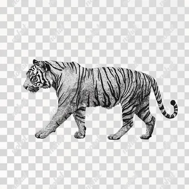 side profile of walking bengal tiger in black and white stippling on white with minimal stippling lacking details and a delicate outline
