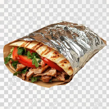 Shawarma sandwich, packaging is part tin foil and part brown paper, real design and quality, mockup