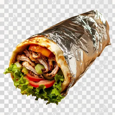 Shawarma sandwich, packaging is part tin foil and part brown paper, real design and quality, mockup