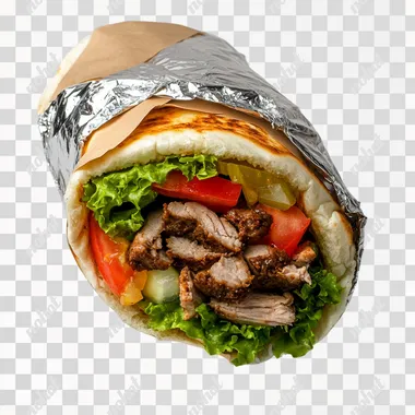 Shawarma sandwich, packaging is part tin foil and part brown paper, real design and quality, mockup