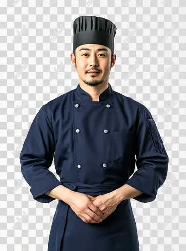 A handsome male asian chef standing, full body. no mustache goatee, standing in different pose for photography , isolated on a white background. The image features detailed facial features and eyes, with the chef wearing a dark blue chef uniform and hat. This is a portrait photograph taken in a studio setting with professional lighting, no mustache goatee,, resulting in a high-resolution image with high levels of detail
