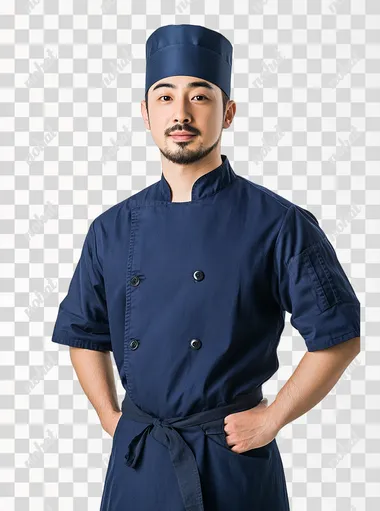 A handsome male asian chef standing, full body. no mustache goatee, standing in different pose for photography , isolated on a white background. The image features detailed facial features and eyes, with the chef wearing a dark blue chef uniform and hat. This is a portrait photograph taken in a studio setting with professional lighting, no mustache goatee,, resulting in a high-resolution image with high levels of detail