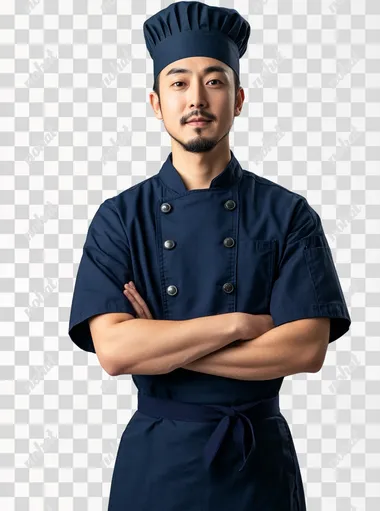 A handsome male asian chef standing, full body. no mustache goatee, standing in different pose for photography , isolated on a white background. The image features detailed facial features and eyes, with the chef wearing a dark blue chef uniform and hat. This is a portrait photograph taken in a studio setting with professional lighting, no mustache goatee,, resulting in a high-resolution image with high levels of detail