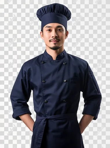 A handsome male asian chef standing, full body. no mustache goatee, standing in different pose for photography , isolated on a white background. The image features detailed facial features and eyes, with the chef wearing a dark blue chef uniform and hat. This is a portrait photograph taken in a studio setting with professional lighting, no mustache goatee,, resulting in a high-resolution image with high levels of detail
