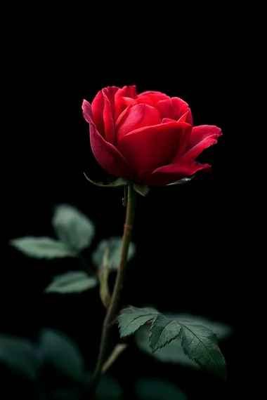 A red rose flower on a black background, front view, suitable for a mobile wallpaper.