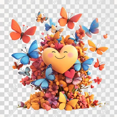 Disney animation style, 3D pixar render, cartoon, bursts of laughter, heart, smiley, peace & love, cute, family, moments of sharing, tenderness and affection, warm sunshine, warming hearts, shared happiness, sometimes replacing characters with heart, flower, or butterfly symbols, full body, empty white background