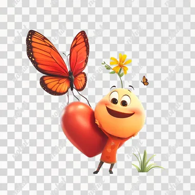 Disney animation style, 3D pixar render, cartoon, bursts of laughter, heart, smiley, peace & love, cute, family, moments of sharing, tenderness and affection, warm sunshine, warming hearts, shared happiness, sometimes replacing characters with heart, flower, or butterfly symbols, full body, empty white background