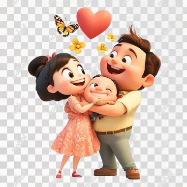 Disney animation style, 3D pixar render, cartoon, bursts of laughter, heart, smiley, peace & love, cute, family, moments of sharing, tenderness and affection, warm sunshine, warming hearts, shared happiness, sometimes replacing characters with heart, flower, or butterfly symbols, full body, empty white background