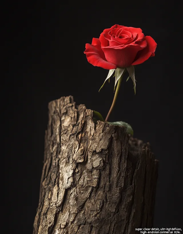 Whispers of Nature: A Red Rose and Ancient Wood in Harmony